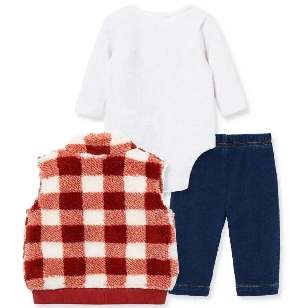 Carters 3pc Vest Set Baby Boys 9M Red Buffalo Plaid Sherpa Bear Excellent - Picture 3 of 6